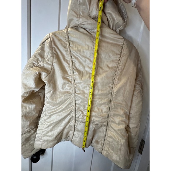 Womens Cream Metallic Hooded Jacket Zip Pockets Moto Style Size M L1.2 - Picture 6 of 10